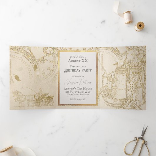 妖精の物語テーマキャッスルキャリッジ金ゴールドグリッター 三つ折り招待状 (内部)