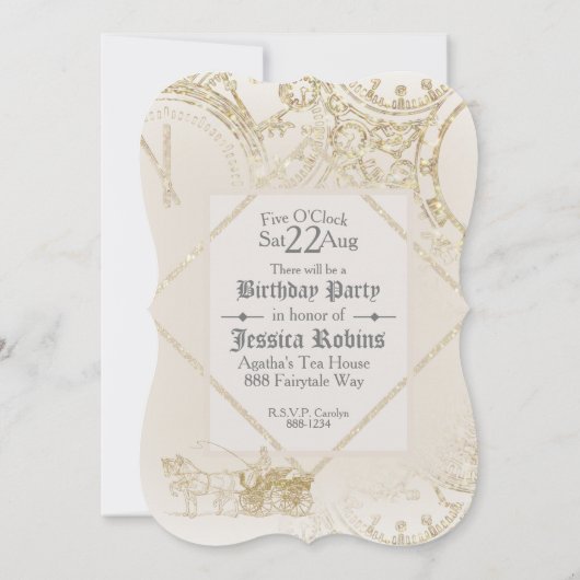 妖精の物語テーマキャッスルキャリッジ金ゴールドグリッター 招待状 (裏面)