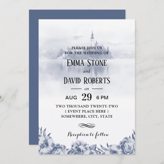 妖精の物語ミスティ湖ヴィンテージブルーフローラ 招待状 (正面/裏面)