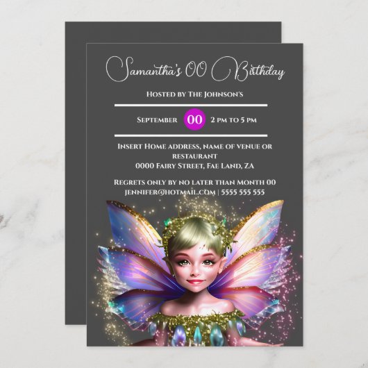妖精の王女の輝く光沢のあるグリッターの翼の灰色 招待状 (正面/裏面)