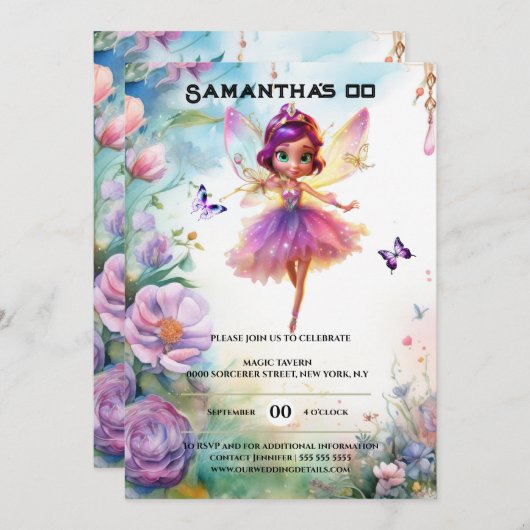 妖精の王女は魅惑された庭のお洒落女の子 招待状 (正面/裏面)