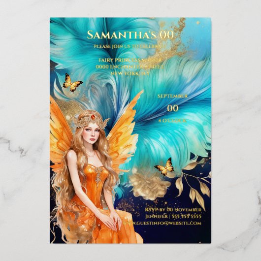 妖精の王女ティール(緑がかった色)オレンジ神話のおとぎ話 箔招待状 (正面)