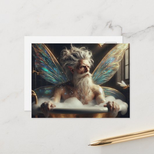 妖精の男の灰色の髪のバブルバス ポストカード (正面/裏面インサイチュ)