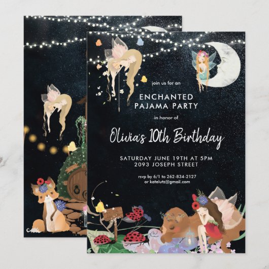 妖精の眠りのパーティー パジャマ誕生日招待状 招待状 (正面/裏面)