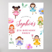 妖精の花の女の子の誕生日パーティーウェルカムサイン ポスター (正面)