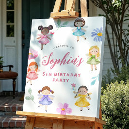 妖精の花の女の子の誕生日パーティーウェルカムサイン ポスター