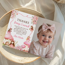 妖精の花の女の子の1歳の誕生日パーティーの写真 サンキューカード