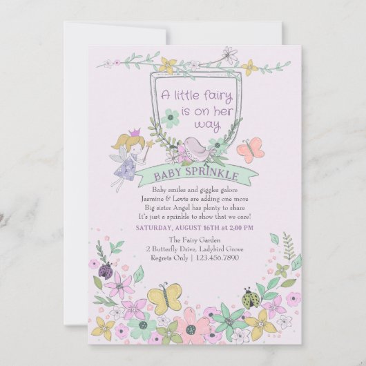 妖精の花の庭かわいいガーリーとベビー散水 招待状 (正面)