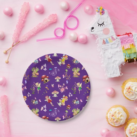 妖精の花バタフライキノコ紫のテーマ ペーパープレート (パーティー)