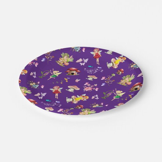妖精の花バタフライキノコ紫のテーマ ペーパープレート (アングル)
