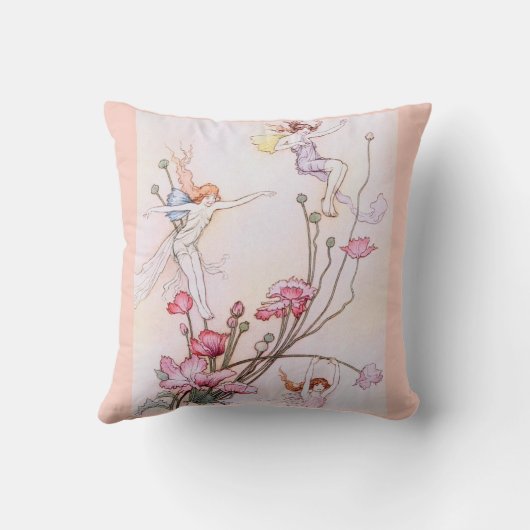 妖精の花ヴィンテージ水彩ピンク枕 クッション (裏面)