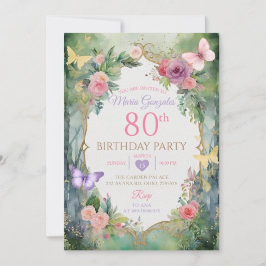 妖精の蝶の庭園 80歳の誕生日パーティー 招待状 (正面)
