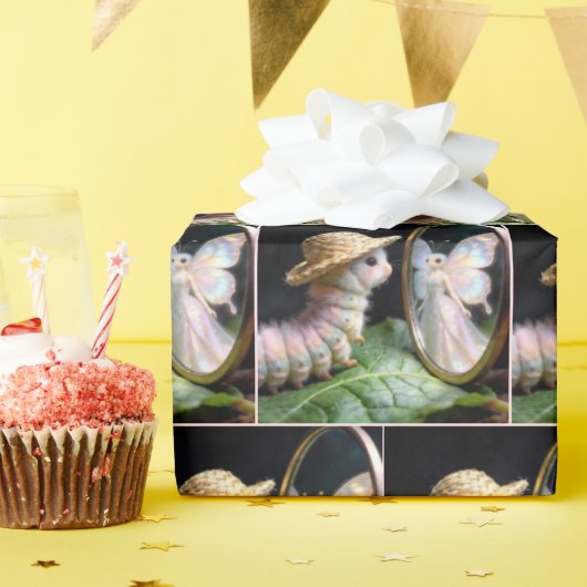 妖精の蝶を見つめる毛虫 ラッピングペーパー (誕生日パーティー)