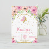 妖精の誕生日の招待状のピンクの花の妖精のパーティー 招待状 (スタンド正面)