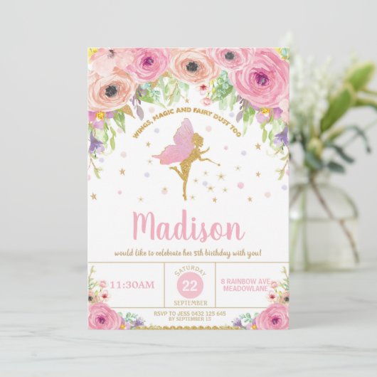 妖精の誕生日の招待状のピンクの花の妖精のパーティー 招待状 (スタンド正面)