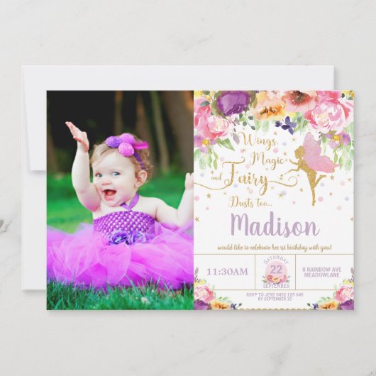 妖精の誕生日パーティー紫のフローラお洒落写真 招待状 (正面)