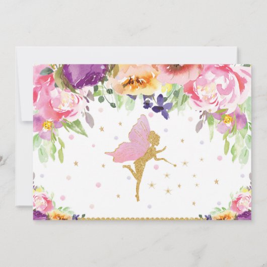 妖精の誕生日パーティー紫のフローラお洒落写真 招待状 (裏面)