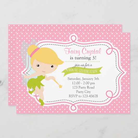 妖精の誕生日招待状(ピンクグリーン) 招待状 (正面/裏面)