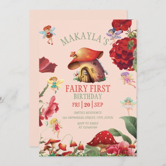 妖精の赤いキノコフローラガールファースト誕生日 招待状 (正面/裏面)