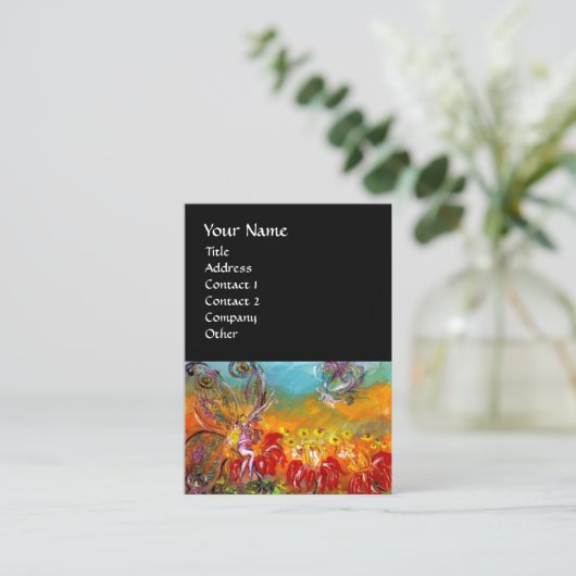 妖精の赤い花のフローラファンタジー黒 名刺 (スタンド正面)