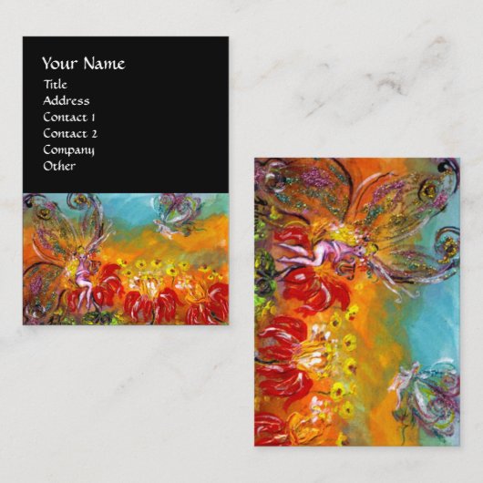 妖精の赤い花のフローラファンタジー黒 名刺 (正面/裏面)