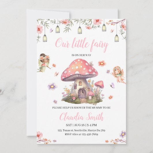 妖精の赤ちゃんシャワーピンクのラベンダーの花 招待状 (正面)