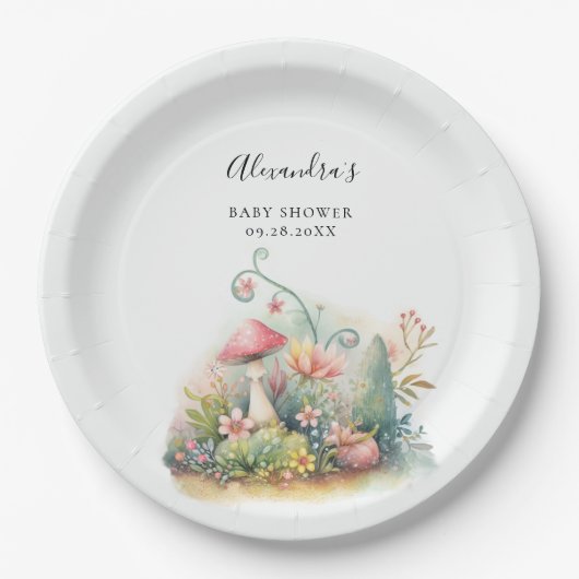妖精の魅惑の庭キノコ赤ちゃん女の子シャワー ペーパープレート (正面)