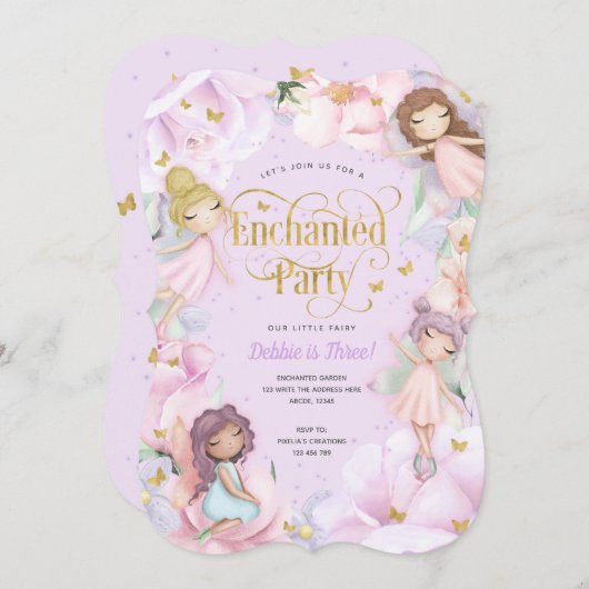 妖精の魅惑パーティー、ガーデンフラワーガール誕生日 招待状 (正面/裏面)