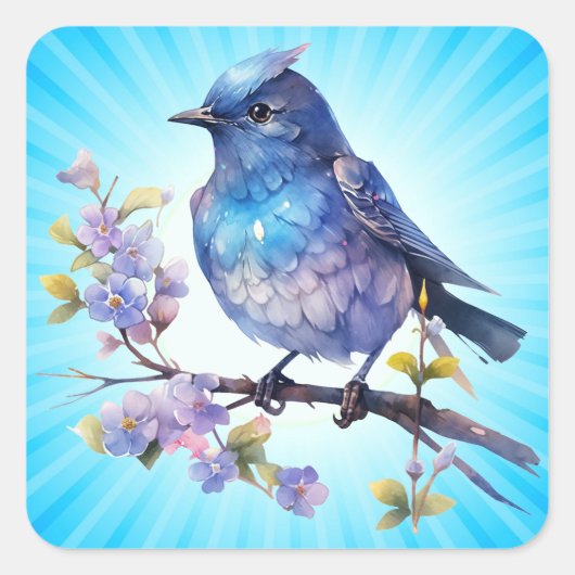 妖精の鳥の花の水色クリップアート–73611 スクエアシール (正面)