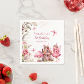 妖精の1歳の誕生日 ピンクの花の幻想的なデザイン スタンダードカクテルナプキン (インサイチュ)