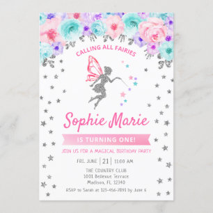 妖精の1歳誕生日 - シルバー ティール パープル ピンク 招待状