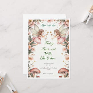 妖精の4番目の誕生日招待状 – 編集可能ツイン 招待状