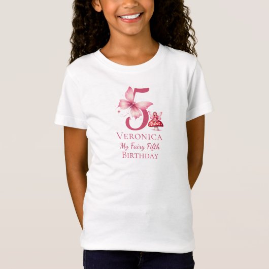 妖精の5歳の誕生日 女の子 ピンクの幻想的なデザイン Tシャツ (正面)