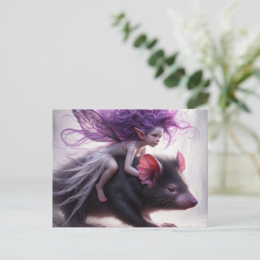 妖精はタスマニアの悪魔のファンタジーアートに乗る ポストカード (スタンド正面)