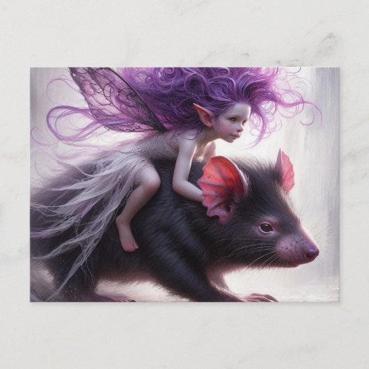 妖精はタスマニアの悪魔のファンタジーアートに乗る ポストカード (正面)