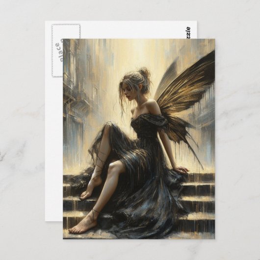 妖精は黒の服を着て、金ゴールドは階段に座ってドレス ポストカード (正面/裏面)
