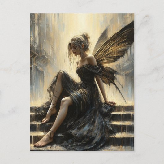 妖精は黒の服を着て、金ゴールドは階段に座ってドレス ポストカード (正面)