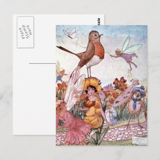 妖精や鳥が庭に ポストカード (正面/裏面)