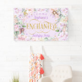 妖精をテーマにしたピンクの紫色の花の誕生日の背景 横断幕 (インサイチュ)