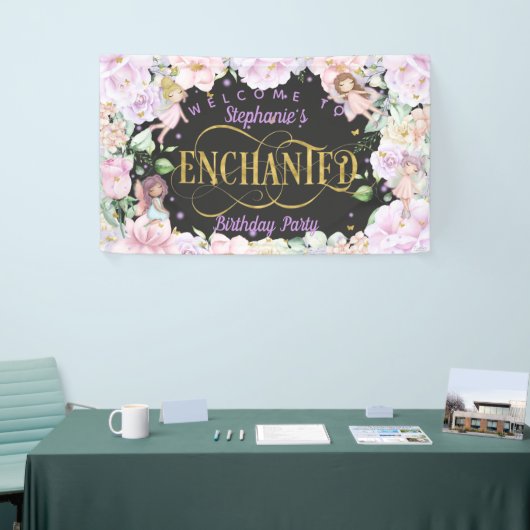 妖精をテーマにしたピンクの紫色の花の誕生日の背景 横断幕 (トレードショー)