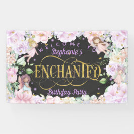 妖精をテーマにしたピンクの紫色の花の誕生日の背景 横断幕