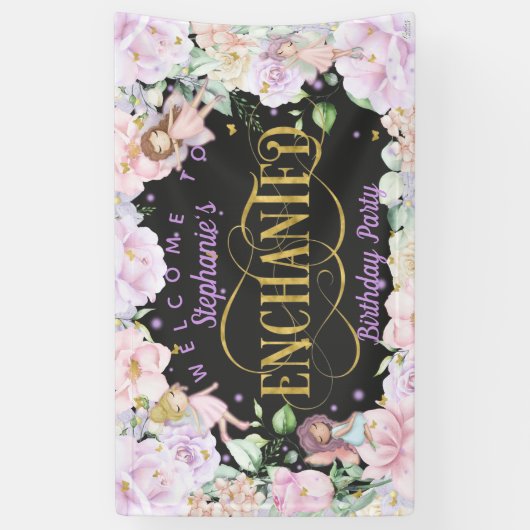 妖精をテーマにしたピンクの紫色の花の誕生日の背景 横断幕 (縦)