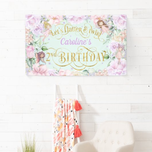 妖精をテーマにした女の子2nd誕生日パーティー背景禁止 横断幕 (インサイチュ)