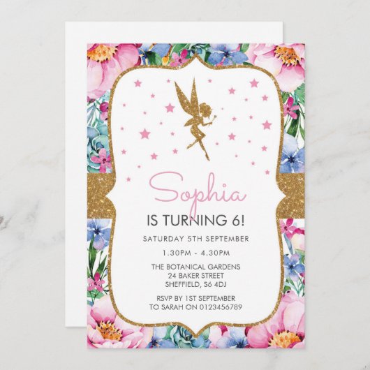 妖精をテーマにした誕生日パーティーの招待状 招待状 (正面/裏面)