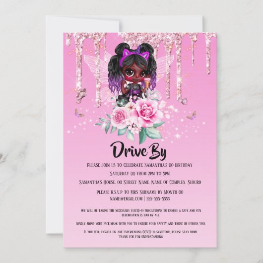 妖精グリッターアフリカ系アメリカ人の女の子ピンクの誕生日 招待状 (正面)