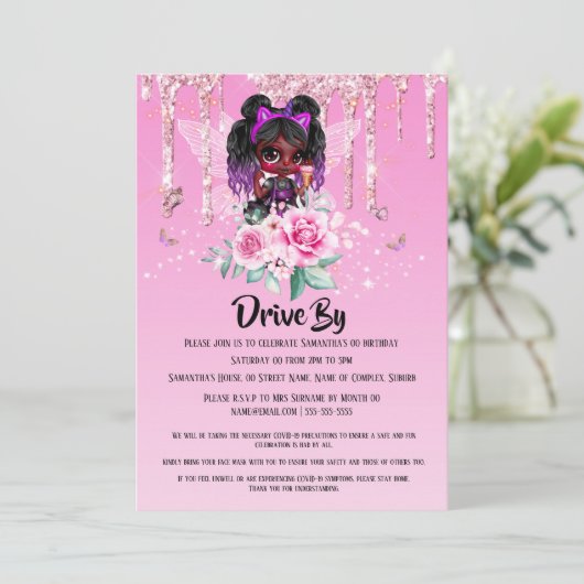 妖精グリッターアフリカ系アメリカ人の女の子ピンクの誕生日 招待状 (スタンド正面)