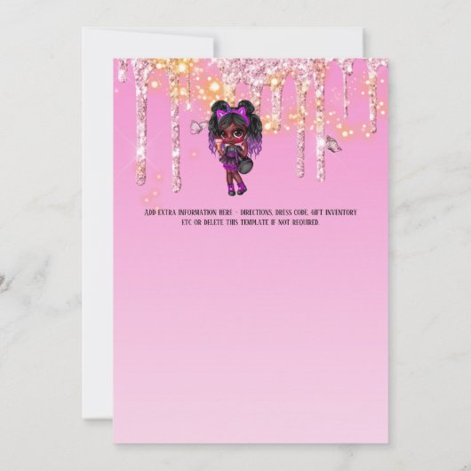妖精グリッターアフリカ系アメリカ人の女の子ピンクの誕生日 招待状 (裏面)
