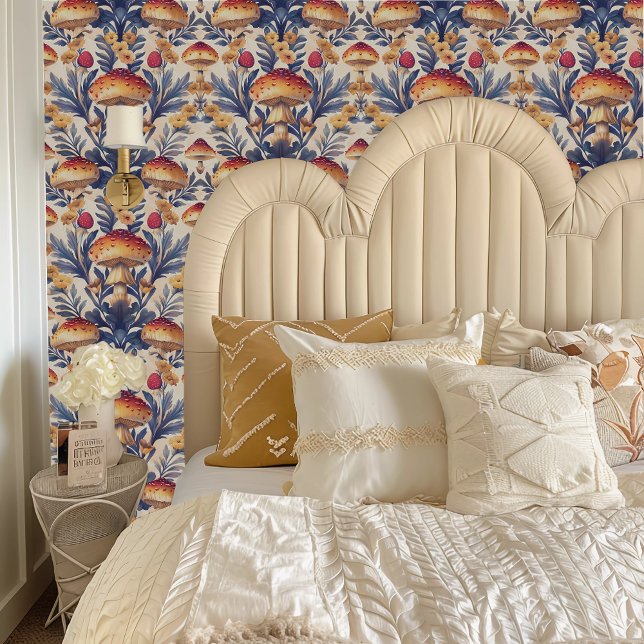 妖精コアオレンジとクリームのキノコ 壁紙 (Fairycore Orange and Cream Toadstools Wallpaper behind a cream colored headboard.)