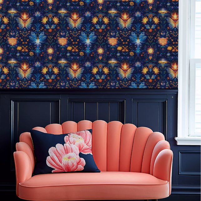 妖精コア　　幽霊のような　蝶　花 壁紙 (Fairycore Ethereal Butterfly Floral Wallpaper above a coral scalloped sofa.)