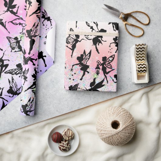 妖精シルエットパターンスパークリーガーリーレインボー ラッピングペーパー (クラフト)